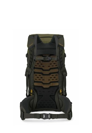 Vista trasera de mochila de senderismo de color verde oliva con panel trasero de malla acolchado, correas ajustables para los hombros y hebillas en el pecho y la cintura.