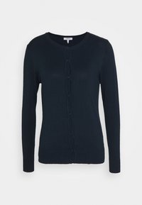 Diepblauwe cardigan van zachte breisels, met een ronde halslijn, lange mouwen en een decoratieve knoopsluiting met een golvend patroon.