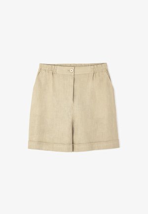 Linen shorts in a light beige color, featuring an elastic waistband, button closure, and folded cuffs. Smooth texture with subtle grain.