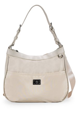 Borsa a mano in nylon beige con forma arrotondata, chiusura con zip, tracolla regolabile e tasca frontale con dettagli in logo neri.