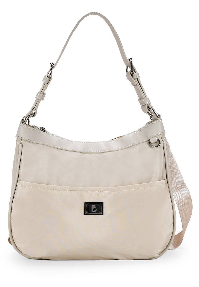 Borsa a mano in nylon beige con forma arrotondata, chiusura con zip, tracolla regolabile e tasca frontale con dettagli in logo neri.