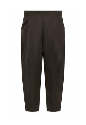 Pantalones a medida de color marrón oscuro con cintura alta, bolsillos laterales y diseño de pierna cónica.