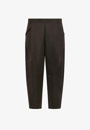 Pantalones a medida de color marrón oscuro con cintura alta, bolsillos laterales y diseño de pierna cónica.