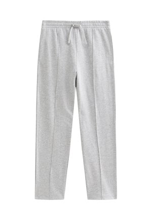 Pantaloni grigi chiaro con vita elastica realizzati in morbido tessuto elasticizzato con coulisse. Presentano due cuciture sui lati per un look slanciato.