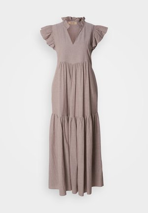 Maxikleid aus leichtem Taupe-Leinen mit Rüschenausschnitt, kurzen Ärmeln und einem gestuften Rockdesign für eine fließende Silhouette.