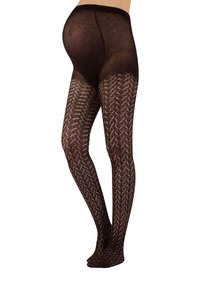 Medias de maternidad negras con un diseño de espiga, textura transparente y una cinturilla alta para acomodar una barriga en crecimiento.
