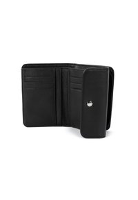 Portefeuille en cuir noir avec plusieurs emplacements pour cartes, texture lisse et fermeture à pression métallique. Design plié pour un rangement compact.