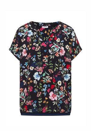 Blusa nera a maniche corte con stampa floreale multicolore, scollo a V e vestibilità ampia.