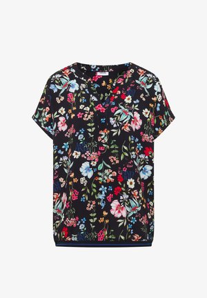 Blusa nera a maniche corte con stampa floreale multicolore, scollo a V e vestibilità ampia.