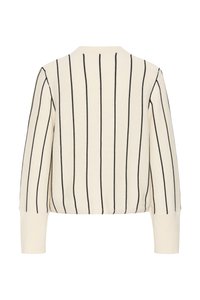 Pulover crem cu mâneci lungi, dungi verticale negre și manșete striate, vedere din spate, textură simplă tricotată, guler rotund.