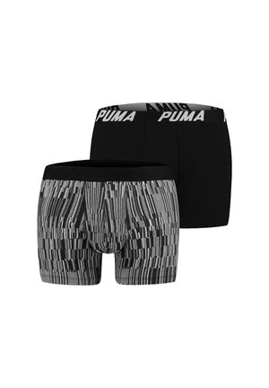 Two pairs of boxer briefs: one solid black, one patterned in grey and black. Both feature an elastic waistband with "PUMA" branding.
