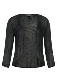 Svart lättviktskofta med lång ärm, öppen framsida, subtil struktur och rundad nederkant. Etikett synlig vid halsringningen.