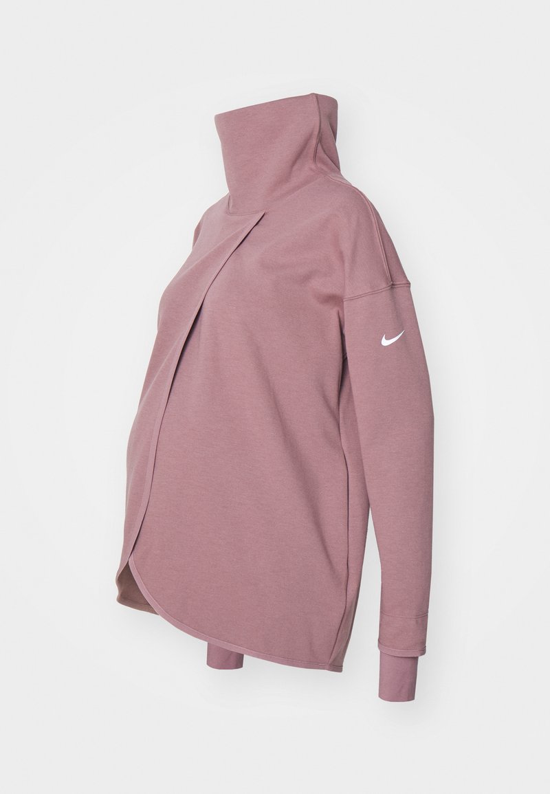 Zwangerhoodie van zacht roze stof met een hoge kraag, zijsplitten en lange mouwen. Heeft een wit Nike-logo op de linkermouw.