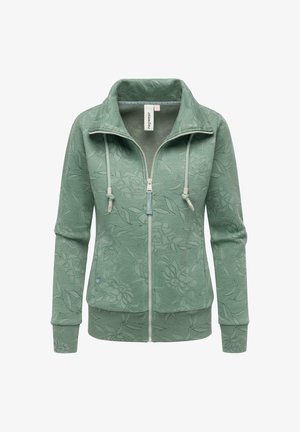 Felpa zip-up aderente di colore verde chiaro con motivo floreale, tessuto testurizzato, colletto alto e cappuccio con cordino. Presenta tasche frontali.