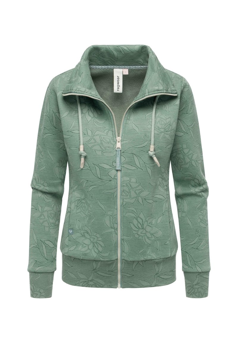 Felpa zip-up aderente di colore verde chiaro con motivo floreale, tessuto testurizzato, colletto alto e cappuccio con cordino. Presenta tasche frontali.