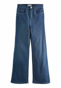 Jean large en denim bleu foncé, avec un design classique à cinq poches, une fermeture à bouton et une couture visible le long des coutures.