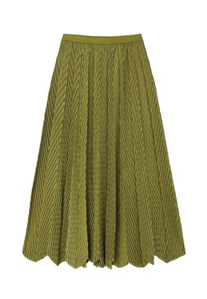 Green pleated skirt with a fitted waistband, textured with vertical stripes, and a scalloped hem for added detail.
