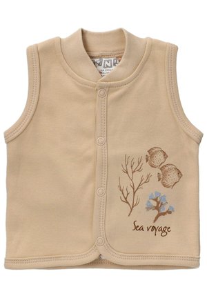 Beige ärmellose Weste aus weichem Stoff, mit Fisch- und Korallenmotiven in Braun und Blau. Verschluss mit passenden Knöpfen vorne.