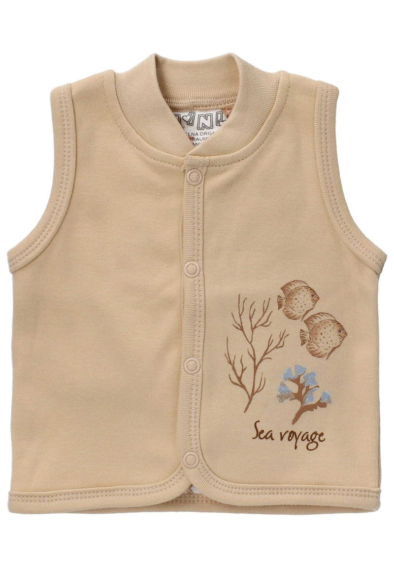Beige ärmellose Weste aus weichem Stoff, mit Fisch- und Korallenmotiven in Braun und Blau. Verschluss mit passenden Knöpfen vorne.