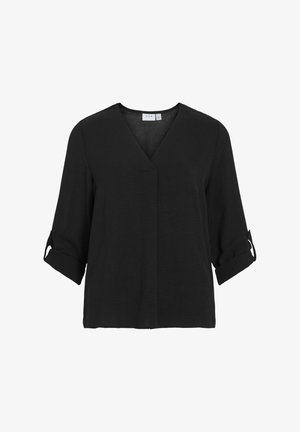 Black blouse with a V-neck, three-quarter roll-up sleeves, and a loose fit. Made of lightweight textured fabric. No patterns or embellishments.