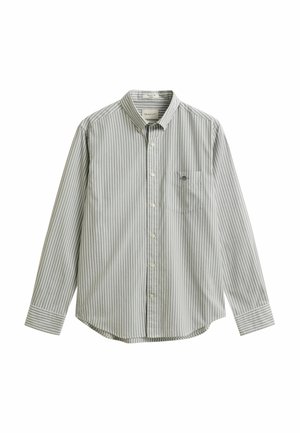 Heren overhemd met lange mouwen, knoopsluiting, met verticale grijs-witte strepen en een borstzak met een klein logo.