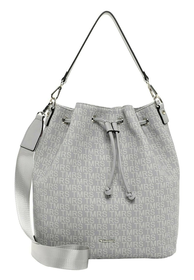 Borsa a secchiello grigia con finitura testurizzata e design stampato su tutta la superficie. Include una tracolla regolabile e chiusura a coulisse.