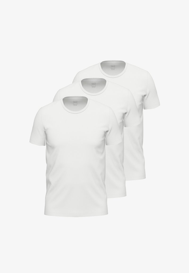 Trzy gładkie białe koszulki z krótkim rękawem, z okrągłym dekoltem, wykonane z miękkiego materiału o gładkiej fakturze, ułożone w standardowy sposób.