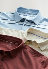 Tres camisetas polo: una azul claro con rayas marinas, una crema con acentos en azul claro y una color marrón. Cada una tiene cuello y botones.