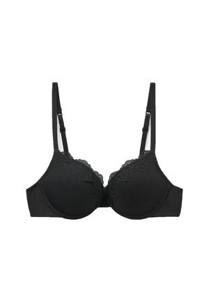 Black bra with smooth, padded cups, lace detailing along the upper edge, and adjustable straps. Sculpted shape for support and style.
