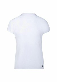 T-shirt blanc à manches courtes avec un col rond, texture lisse et un petit logo en bas à gauche. Design simple.