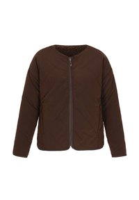 Brown quilted jacket with a round neckline, front zipper closure, and a soft, textured lining. Features relaxed sleeves.