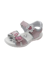 Sandale synthétique rose avec des accents argentés pailletés, des embellissements floraux, des sangles velcro et une semelle intérieure blanche rembourrée ornée d'un design ludique.