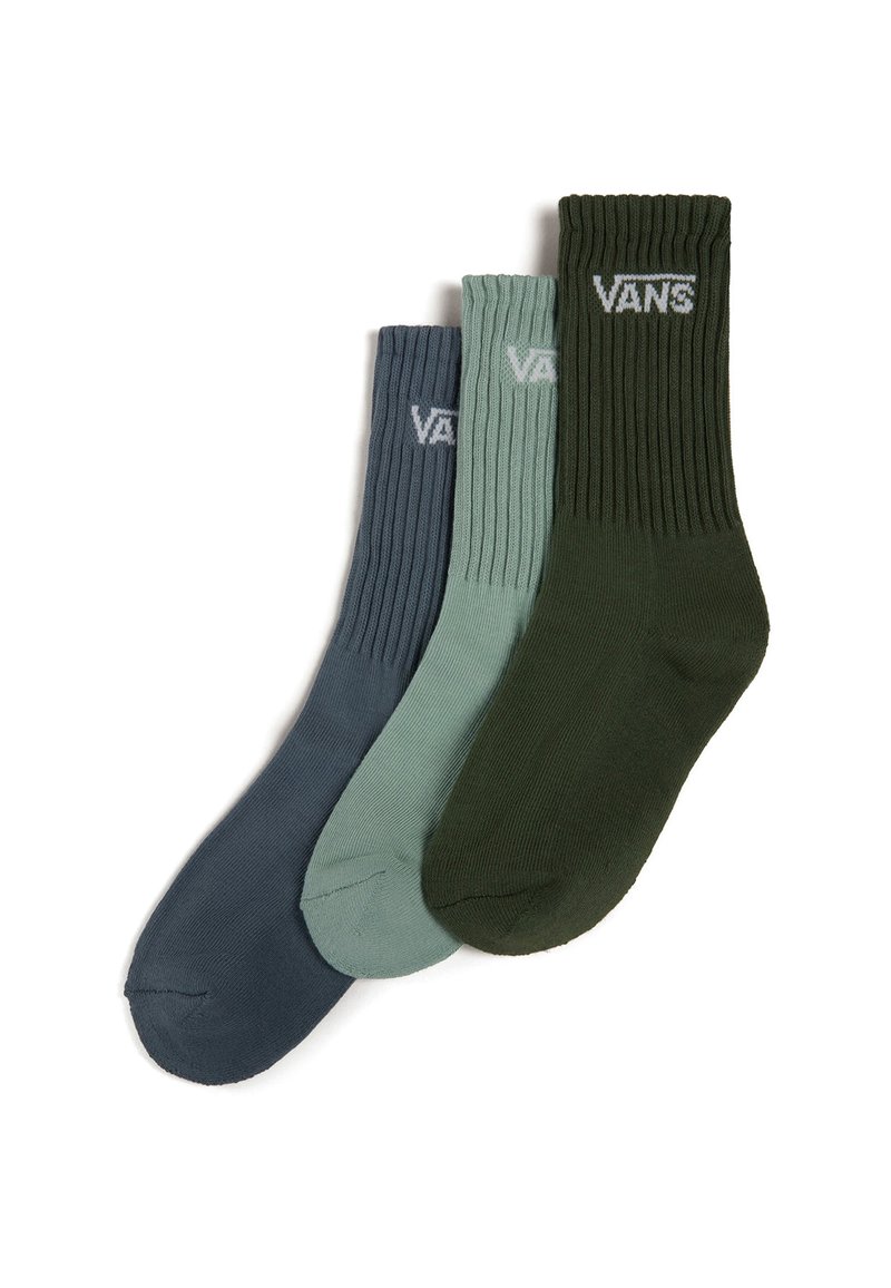 Tre par ribbede sokker i mørkeblå, lysegrøn og mørkegrøn, hver med "VANS" logoet i hvidt på kanten.