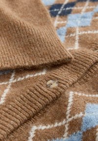 Brun stickad cardigan med ljusblå och vit argyle-mönster, som visar närbild på knapp- och ärmdetaljer.