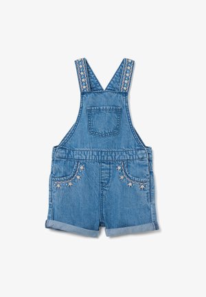 Salopette in denim di colore azzurro chiaro, con bretelle regolabili con dettagli a fantasia, tasca frontale e ricami floreali sui lati.