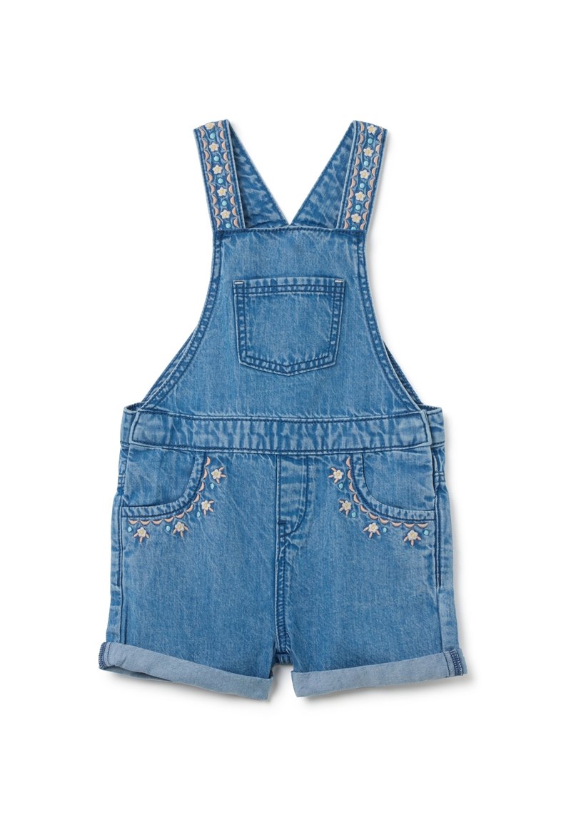 Hellblaue Jeanslatzhosen mit verstellbaren Trägern mit gemusterten Akzenten, einer Fronttasche und floralem Stickereien an den Seiten.