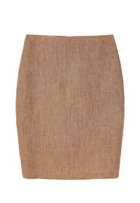 Jupe crayon en lin brun avec une texture lisse, une forme ajustée et une couture à l'arrière. Longueur mi-genou et design minimaliste, adaptée à diverses occasions.