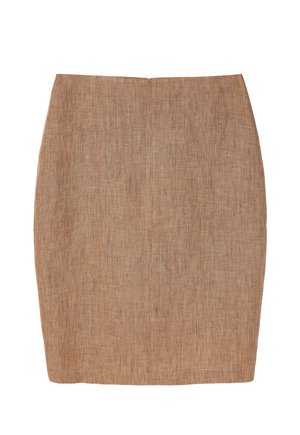 Hnědá lněná tužková sukně s hladkou texturou, přiléhavým střihem a zadním švem. Střední délka a minimalistický design, vhodná pro různé příležitosti.