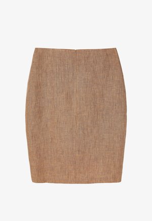 Fustă creion din in maro, cu o textură netedă, formă ajustată și o cusătură în spate. Design de lungime medie și minimalist, potrivită pentru diverse ocazii.