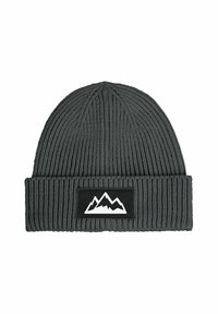 Dark gray knitted beanie with a folded cuff featuring a black patch with a white mountain design centered on the cuff.
