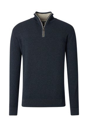 Marineblauer Strickpullover mit einem Viertel-Reißverschluss-Kragen, gerippter Textur, langen Ärmeln und kontrastierendem Detail am inneren Kragen.