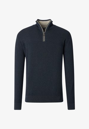 Navy blue knit sweater featuring a quarter-zip collar, ribbed texture, long sleeves, and contrasting inner collar detail.