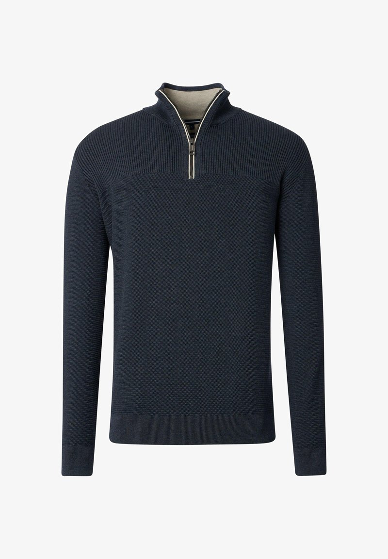 Marineblauer Strickpullover mit einem Viertel-Reißverschluss-Kragen, gerippter Textur, langen Ärmeln und kontrastierendem Detail am inneren Kragen.