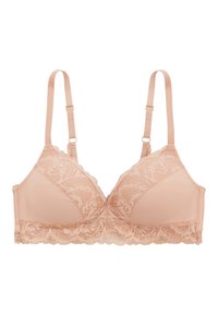 Soutien-gorge à bonnets souples avec dentelle en saumon clair. Doté de bretelles ajustables, d'un motif floral en dentelle, d'un tissu lisse et de bords festonnés.