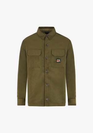 Zielona polarowa kurtka z kołnierzem, dwoma kieszeniami na piersi i naszywką. Posiada zapięcia na guziki i długie rękawy. Miękka tekstura.