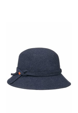 Navy blue felt cloche hat with a narrow brim and decorative band tied in a knot on the side.