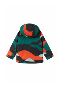 Giacca a vento colorata con cappuccio caratterizzata da un motivo geometrico in nero, verde, arancio e azzurro chiaro, realizzata in un tessuto leggero e morbido, con un logo sul bordo.