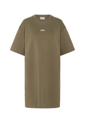 Abito t-shirt oversize verde oliva, maniche corte, collezione girocollo, con piccolo logo bianco sul petto, realizzato in morbido tessuto di cotone.