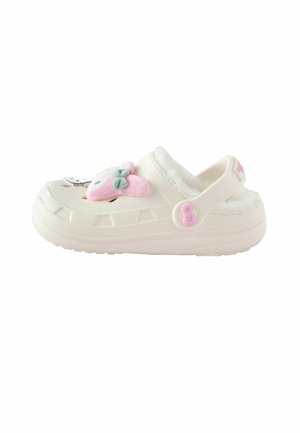 Small white slip-on clog with soft pink and green animal face decoration, fuzzy inner lining, and adjustable heel strap.