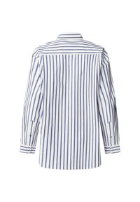 Camicia bianca con righe verticali blu, maniche lunghe, colletto a bottone e polsini con bottone. Presenta un orlo dritto e yoke posteriore.